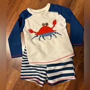 Mud Pie Kids Rashguard Swim top and bottom shorts Crab Design - Red and Blue